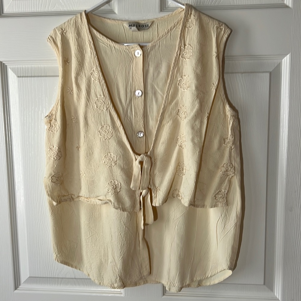 Vtg Melrose Butter Yellow Button Down Sleeveless Shirt Embroidered‎ Vest, Sz 14
